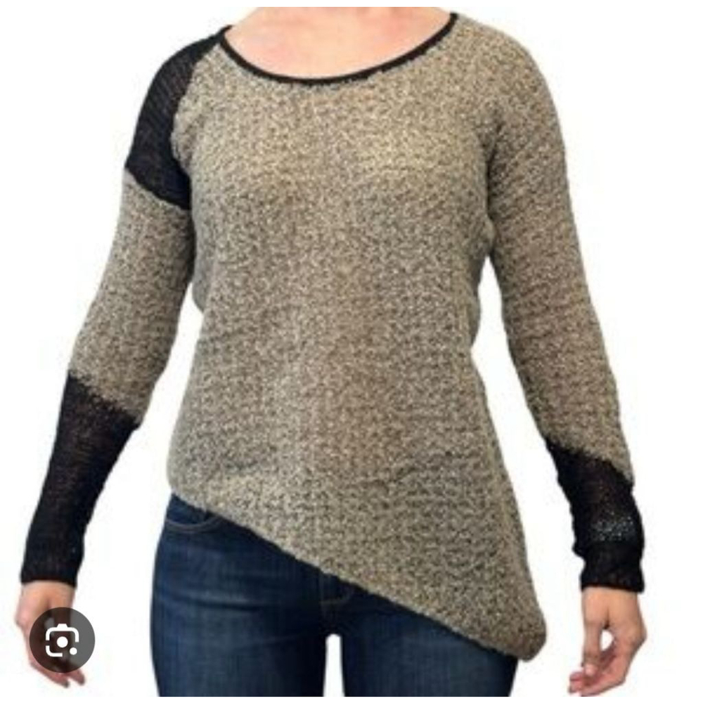 HELMUT LANG Flecked Boucle Pullover Beige Black Asymmetrical Crew Neck Sweater L